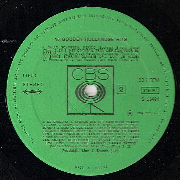 Various : 16 Gouden Hollandse Hits (LP, Comp)
