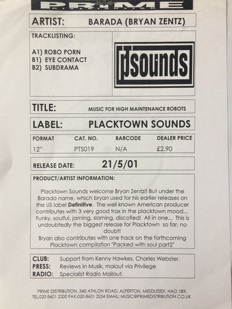 Barada : Music For High Maintenance Robots (12", Promo, W/Lbl)