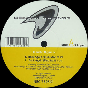 Celvin Rotane : Back Again / Theme From Magnum (12")