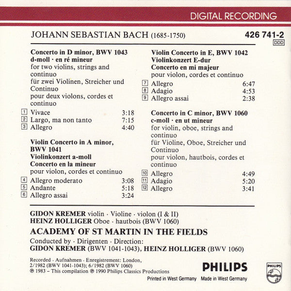 Johann Sebastian Bach, Gidon Kremer, The Academy Of St. Martin-in-the-Fields : Violinkonzerte · Doppelkonzerte (CD, Album)
