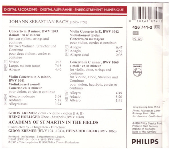 Johann Sebastian Bach, Gidon Kremer, The Academy Of St. Martin-in-the-Fields : Violinkonzerte · Doppelkonzerte (CD, Album)