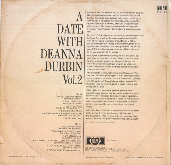 Deanna Durbin : A Date With Deanna Durbin Vol.2 (LP, Album, Mono)