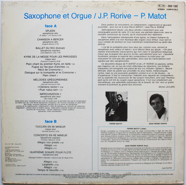 Jean-Pierre Rorive, Pierre Matot : Saxophone Et Orgue (LP, Album)