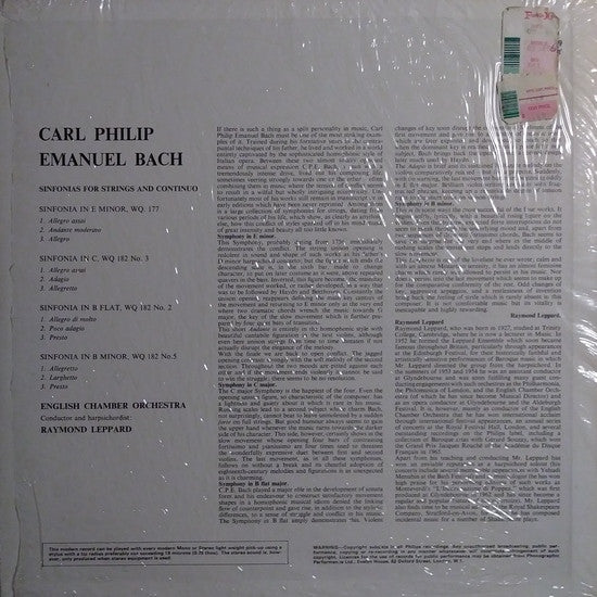 Carl Philipp Emanuel Bach, English Chamber Orchestra, Raymond Leppard : 4 Sinfonias (LP)