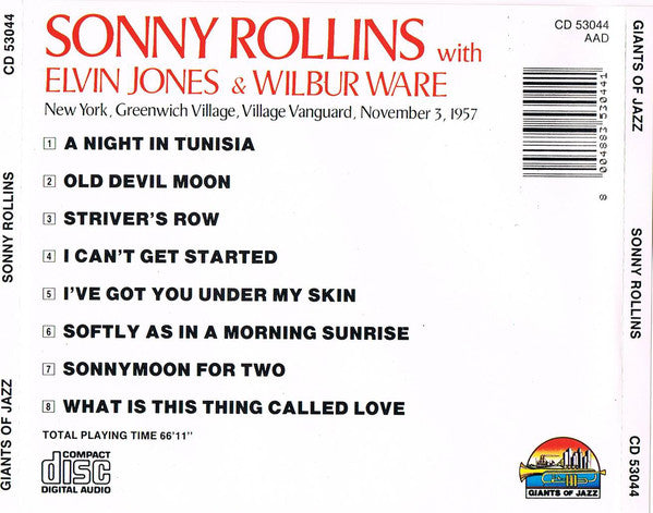 Sonny Rollins With Elvin Jones & Wilbur Ware : New York, Greenwich Village, Village Vanguard, November 3, 1957 (CD, Album)