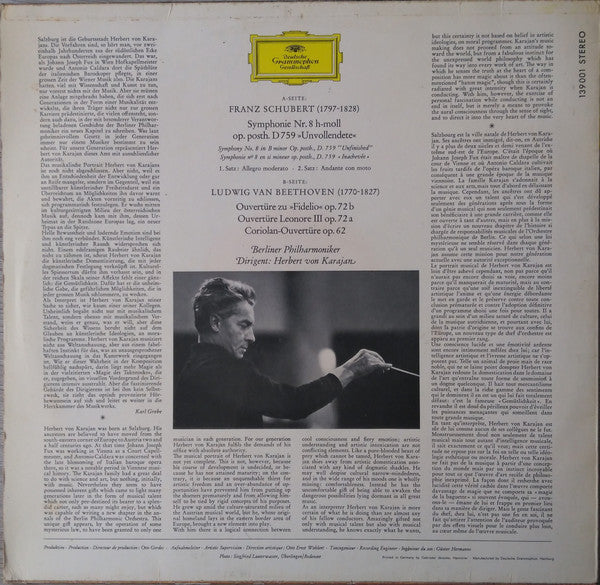Franz Schubert / Ludwig van Beethoven : Berliner Philharmoniker Conducted by Herbert von Karajan : Symphonie Nr. 8 »Unvollendete« / Fidelio · Leonore III · Coriolan (Ouvertüren) (LP)