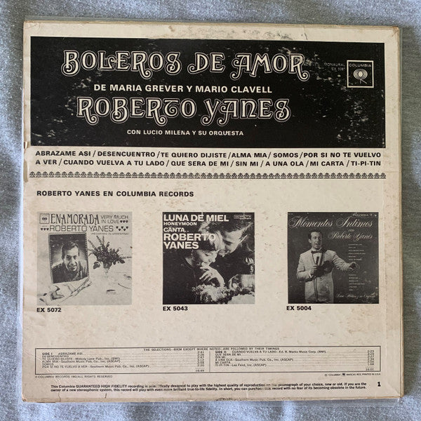 Roberto Yanes Con Lucio Milena Y Su Orquesta : Boleros De Amor De María Grever Y Mario Clavell (LP, Album, Mono)