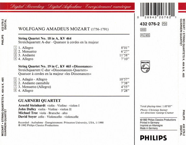 Wolfgang Amadeus Mozart, Guarneri Quartet : String Quartets = Streichquartette KV 464 & KV 465 «Dissonance» (CD)