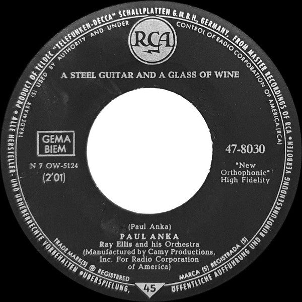 Paul Anka : A Steel Guitar And A Glass Of Wine (7")