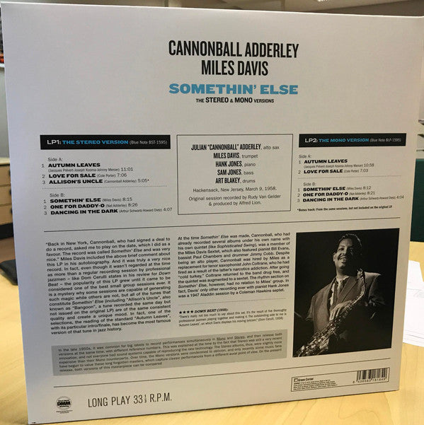 Cannonball Adderley, Miles Davis : Somethin' Else (The Stereo & Mono Versions) (LP, Album + LP, Album, Mono + Ltd, RE, RM, 180)