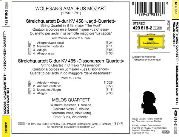 Wolfgang Amadeus Mozart, Melos Quartett : »Jagd-Quartett« • »Dissonanzen-Quartett« (CD, RM)