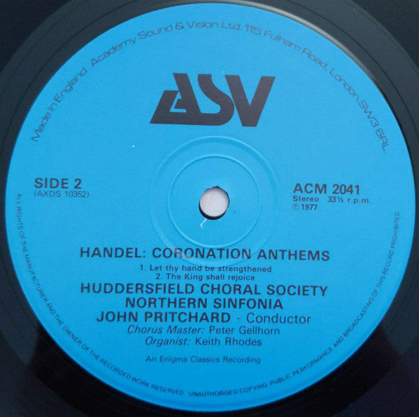 Georg Friedrich Händel - Huddersfield Choral Society, Northern Sinfonia, John Pritchard : Coronation Anthems (LP)