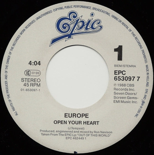 Europe (2) : Open Your Heart (7", Single)