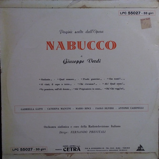 Coro di Roma della RAI, Orchestra Sinfonica Di Roma Della RAI : Selezione Dall'Opera "Nabucco" (LP)