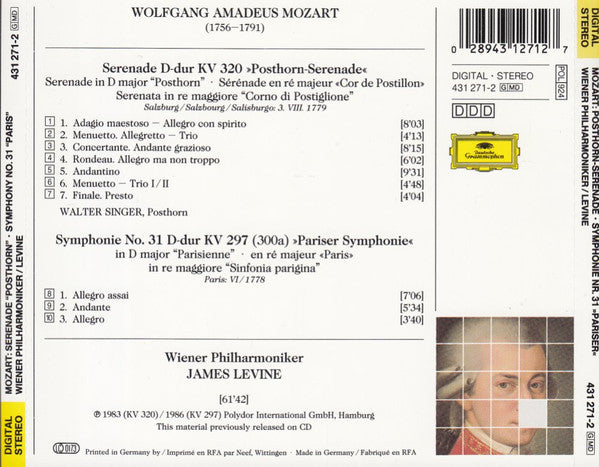 Wolfgang Amadeus Mozart - Wiener Philharmoniker, James Levine (2) : Posthorn-Serenade • Symphonie No. 31 »Pariser« (CD, RE)