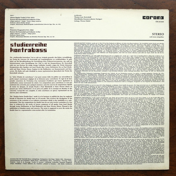 Domenico Dragonetti, Johann Baptist Vanhal - Thomas Lom, Schwäbisches Kammerorchester Leitung Werner Stiefel : Konzert Für Kontrabaß Und Orchester A-Dur / Konzert Für Kontrabaß Und Orchester E-Dur (LP, Album)