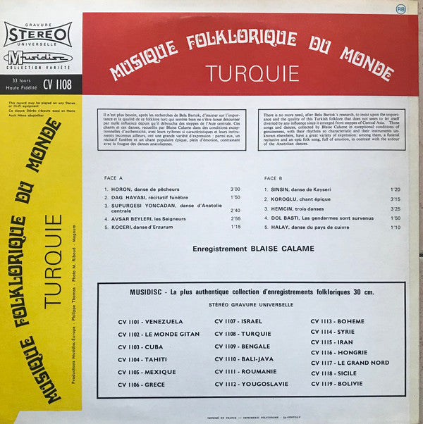 Blaise Calame : Turquie (LP, Album, RE)