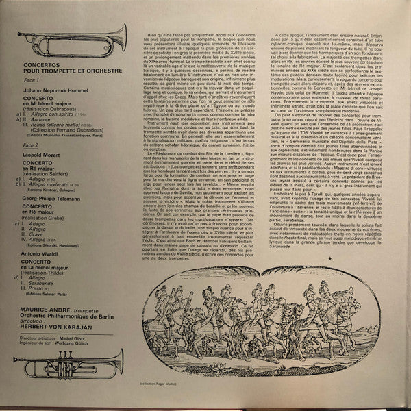 Maurice André, Berliner Philharmoniker, Herbert von Karajan, Johann Nepomuk Hummel, Georg Philipp Telemann, Leopold Mozart, Antonio Vivaldi : Quatre Concertos Pour Trompette  (LP, Gat)
