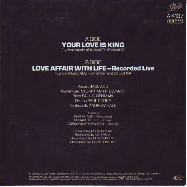Sade : Your Love Is King (7", Single)