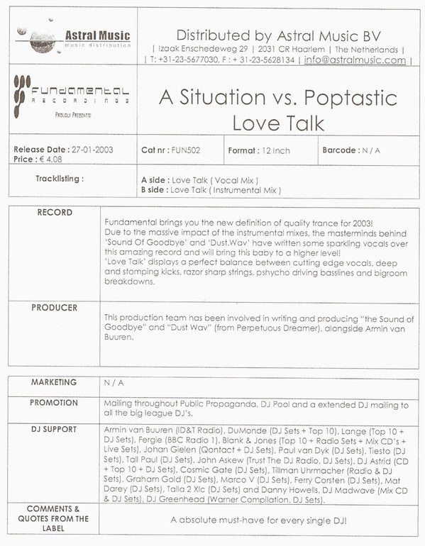 A Situation Vs. Poptastic : Love Talk / The Situation (12")