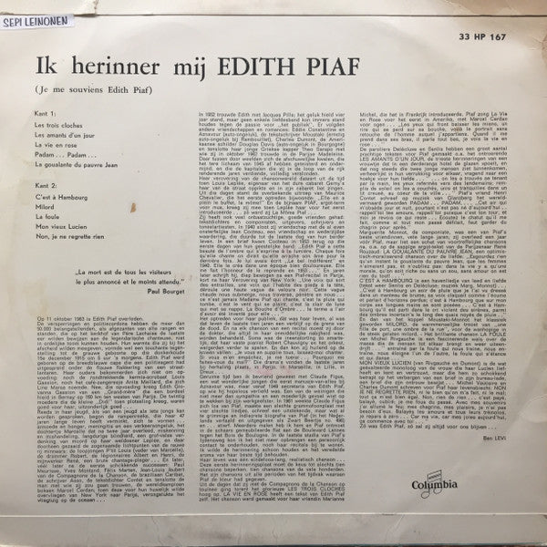 Edith Piaf : Je Me Souviens Edith Piaf (10", Comp, Mono)