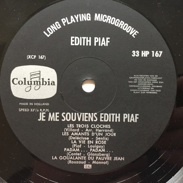 Edith Piaf : Je Me Souviens Edith Piaf (10", Comp, Mono)