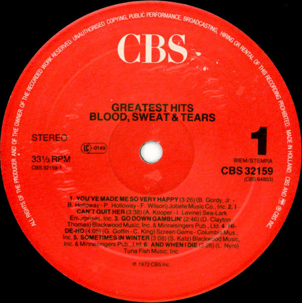 Blood, Sweat And Tears : Blood, Sweat & Tears Greatest Hits (LP, Comp, RE)