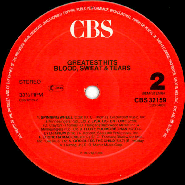 Blood, Sweat And Tears : Blood, Sweat & Tears Greatest Hits (LP, Comp, RE)