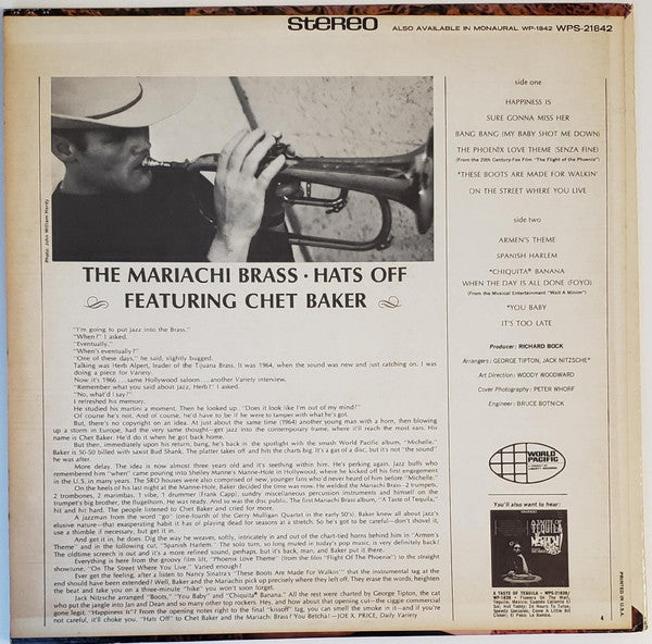 The Mariachi Brass!* Featuring Chet Baker : Hats Off (LP, Album, M/Print)
