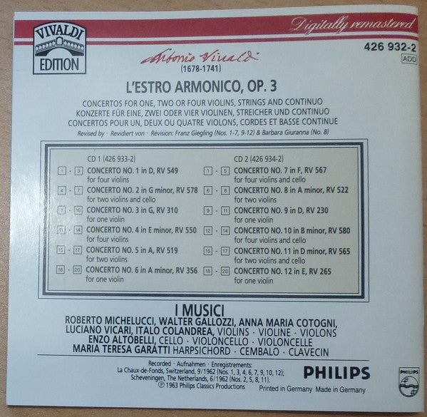 Antonio Vivaldi - I Musici, Roberto Michelucci : L'Estro Armonico, Op.3 (Complete) (2xCD, RM)