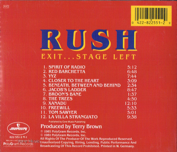 Rush : Exit...Stage Left (CD, Album, RP)