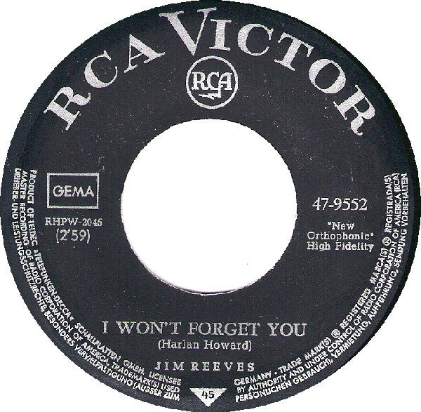 Jim Reeves : I Won't Forget You (7", RE)