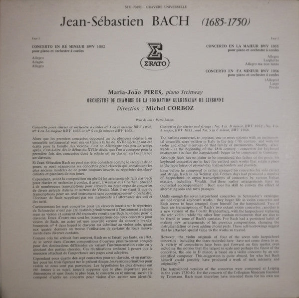 Johann Sebastian Bach, Maria-João Pires, Michel Corboz, Gulbenkian Orchestra : Trois Concertos Pour Piano (LP, Album, Gat)
