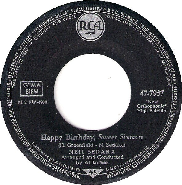 Neil Sedaka : Happy Birthday, Sweet Sixteen (7", Single, Mono)