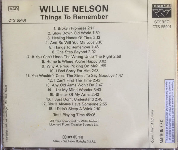 Willie Nelson : Things To Remember (CD, Comp)