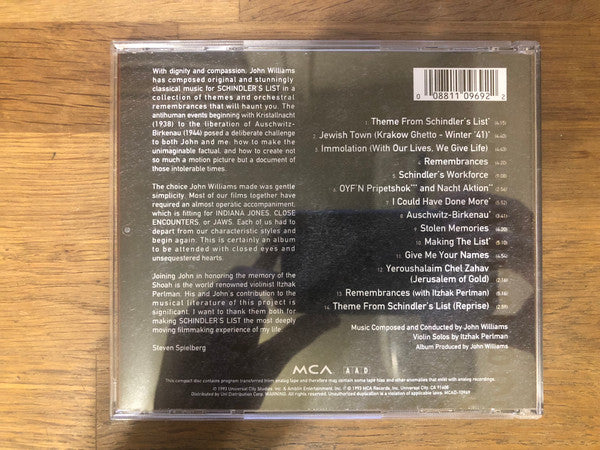 John Williams (4) : Schindler's List (Original Motion Picture Soundtrack) (CD, Album, RE, S/Edition)