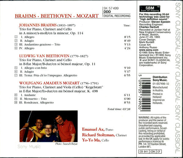 Johannes Brahms, Ludwig van Beethoven, Wolfgang Amadeus Mozart - Emanuel Ax, Richard Stoltzman, Yo-Yo Ma : Trios For Piano, Clarinet & Cello  (CD, Album)