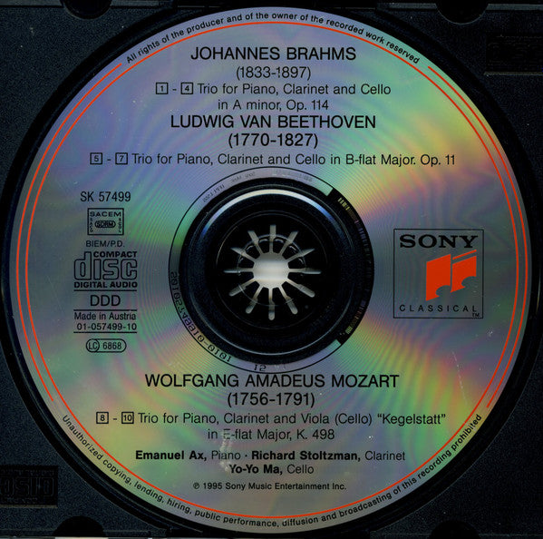 Johannes Brahms, Ludwig van Beethoven, Wolfgang Amadeus Mozart - Emanuel Ax, Richard Stoltzman, Yo-Yo Ma : Trios For Piano, Clarinet & Cello  (CD, Album)