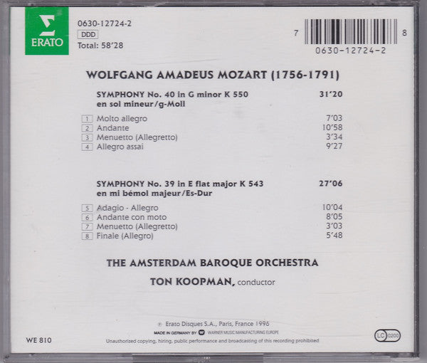 The Amsterdam Baroque Orchestra, Ton Koopman, Wolfgang Amadeus Mozart : Symphonies 39 & 40 (CD, Album)