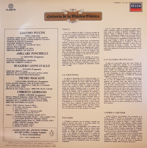 Puccini*, Ponchielli*, Leoncavallo*, Mascagni*, Giordano* : Tosca - La Gioconda - Payasos - Cavalleria Rusticana - Andrea Chenier (LP, Comp)