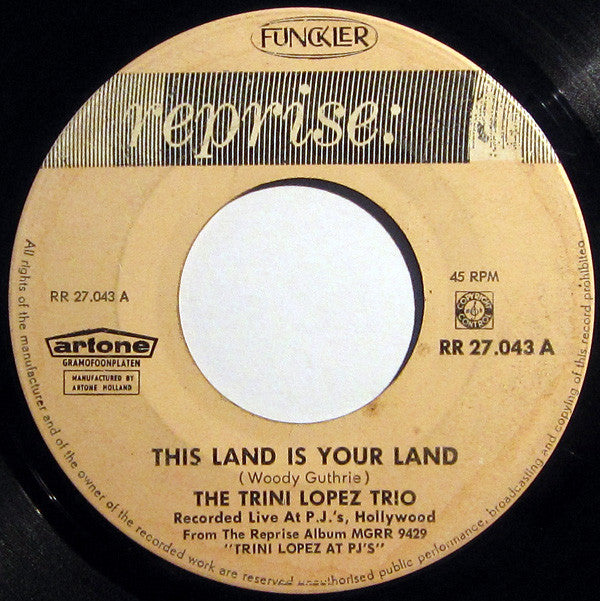 Trini Lopez : This Land Is Your Land / Cielito Lindo (7", Single, Jukebox, Dar)