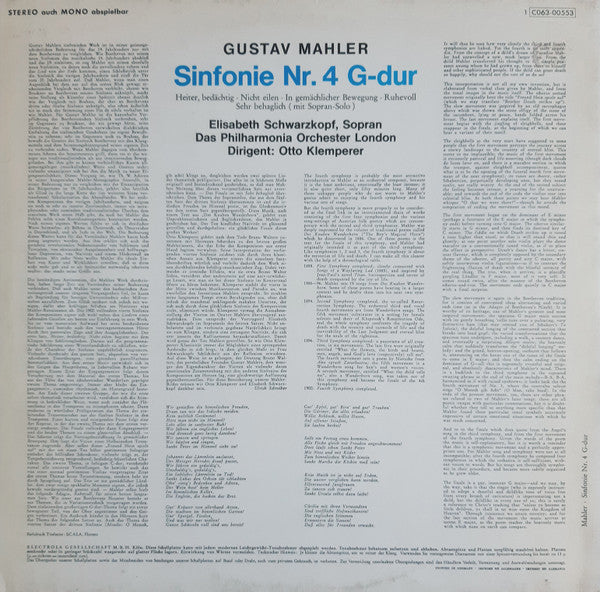 Gustav Mahler, Elisabeth Schwarzkopf, Otto Klemperer, Philharmonia Orchestra : Vierte Sinfonie G-dur (LP, RE)