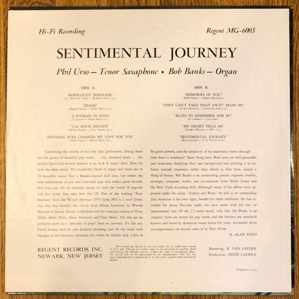 Phil Urso, Bob Banks* : Sentimental Journey (LP, Album, Mono)