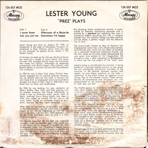 Lester Young : "Prez" Plays (7", EP, Mono)