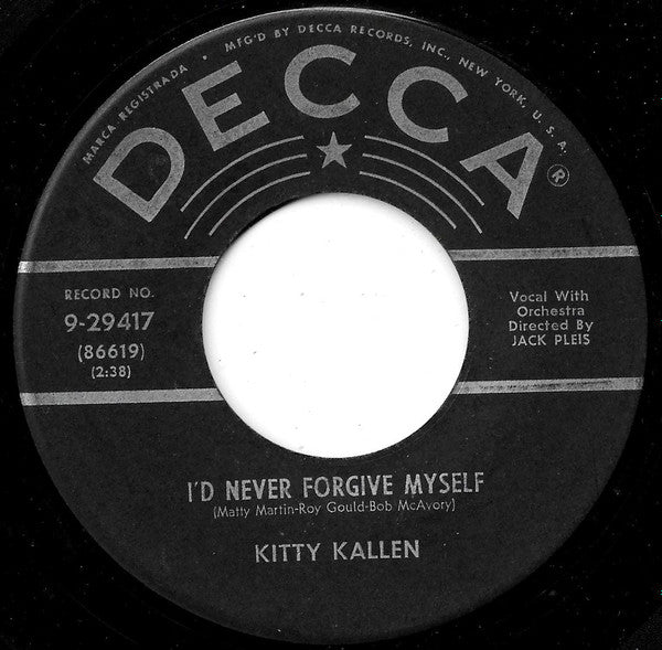 Kitty Kallen : I'd Never Forgive Myself / Honestly (7", Glo)