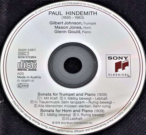 Glenn Gould, Paul Hindemith, Mason Jones (2), Abe Torchinsky, Gilbert Johnson, Henry Charles Smith : Sonatas For Brass And Piano = Bläsersonaten (2xCD, RM)