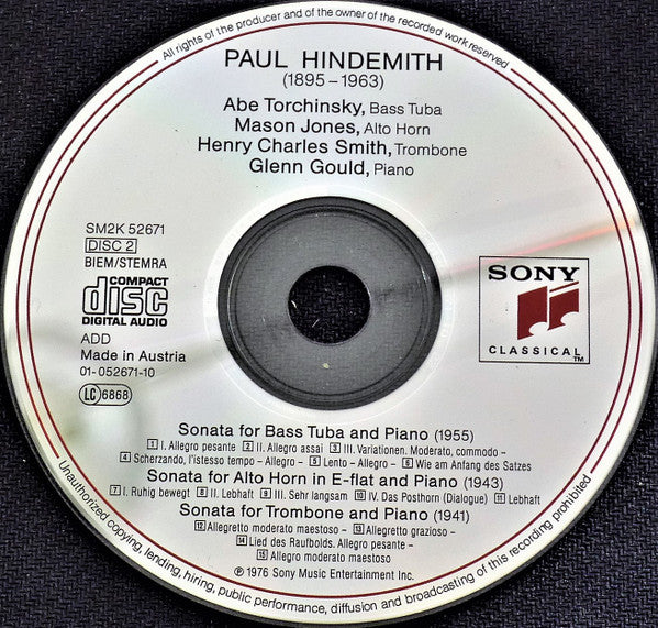 Glenn Gould, Paul Hindemith, Mason Jones (2), Abe Torchinsky, Gilbert Johnson, Henry Charles Smith : Sonatas For Brass And Piano = Bläsersonaten (2xCD, RM)