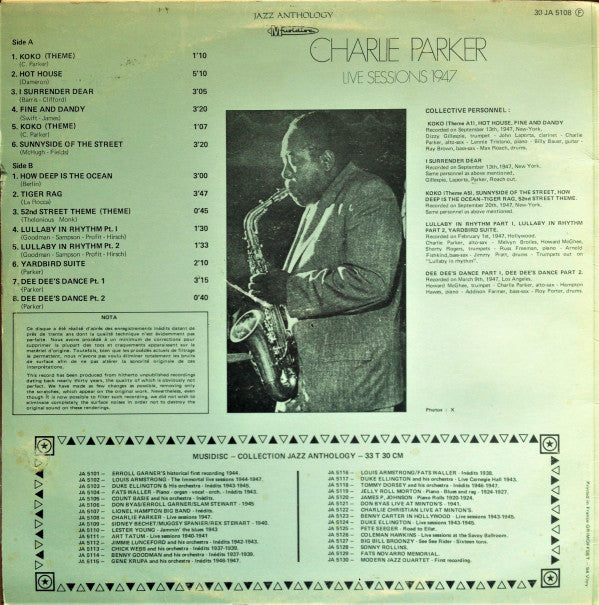 Charlie Parker : Live Sessions 1947 (LP, Comp, RE)