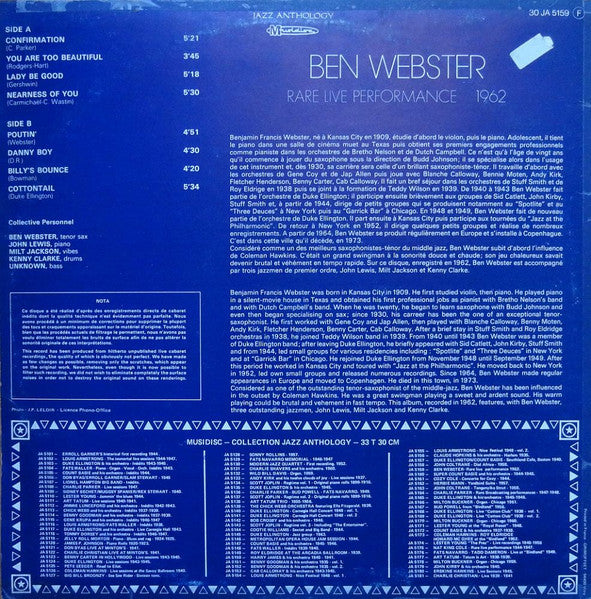 Ben Webster : Rare Live Performance 1962 (LP, Album)