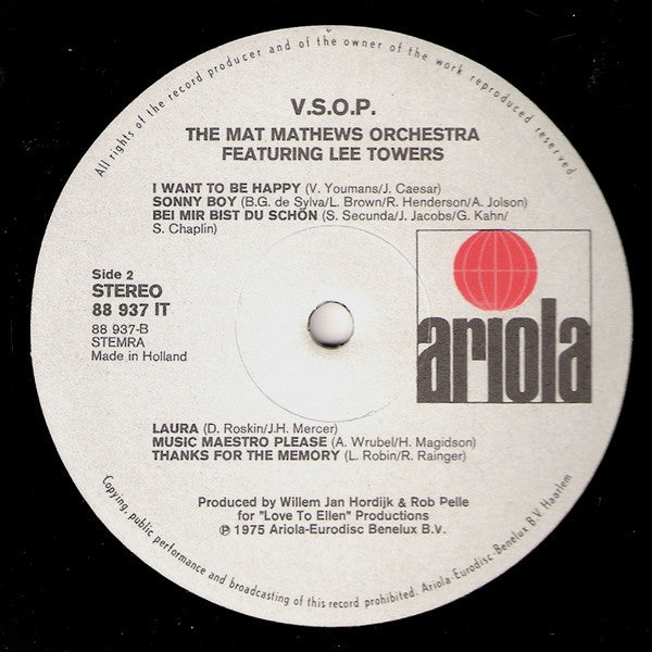 The Mat Mathews Orchestra Featuring Lee Towers : V.S.O.P. (Very Superior Old Pals) (LP, Album)